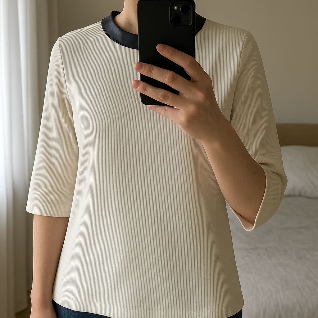 Vero Moda krémszínű felső standing straight facing the camera, in a softly lit bedroom setting, with gentle natural light filtering through a window.