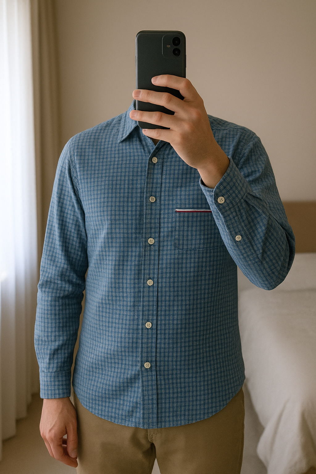 Camicia Quadri Tommy Hilfiger XL Vintage 1985 in piedi, rivolto verso la fotocamera, in una camera da letto con luce soffusa e luce naturale che filtra dalla finestra.