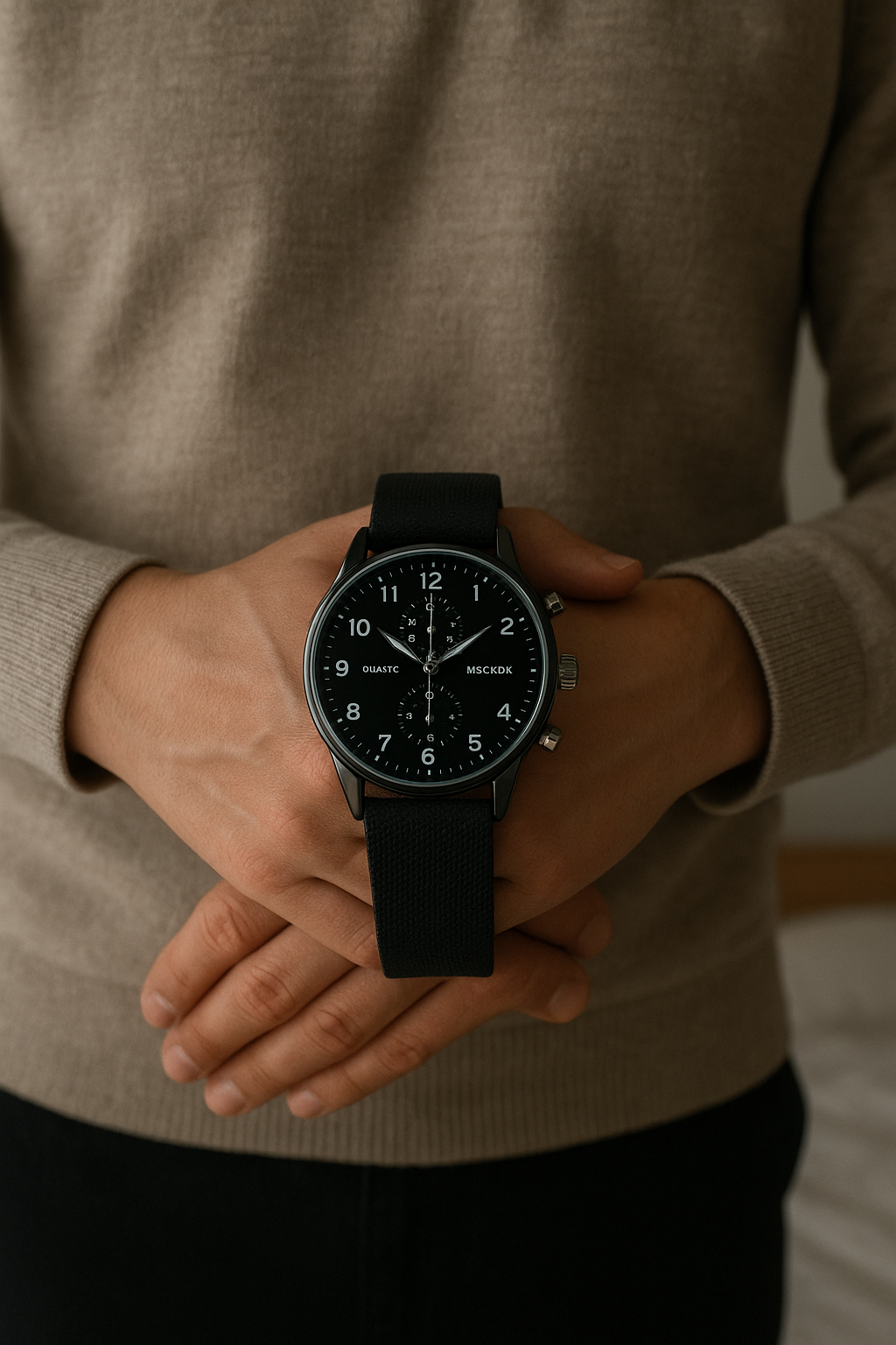 Montre neuve debout, face à la caméra, dans une chambre à la lumière douce, avec une lumière naturelle filtrant par la fenêtre.