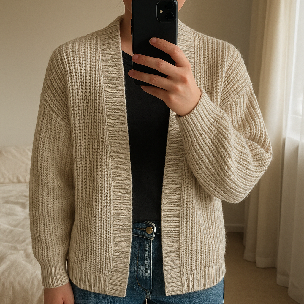 Béžový kardigán standing straight facing the camera, in a softly lit bedroom setting, with gentle natural light filtering through a window.