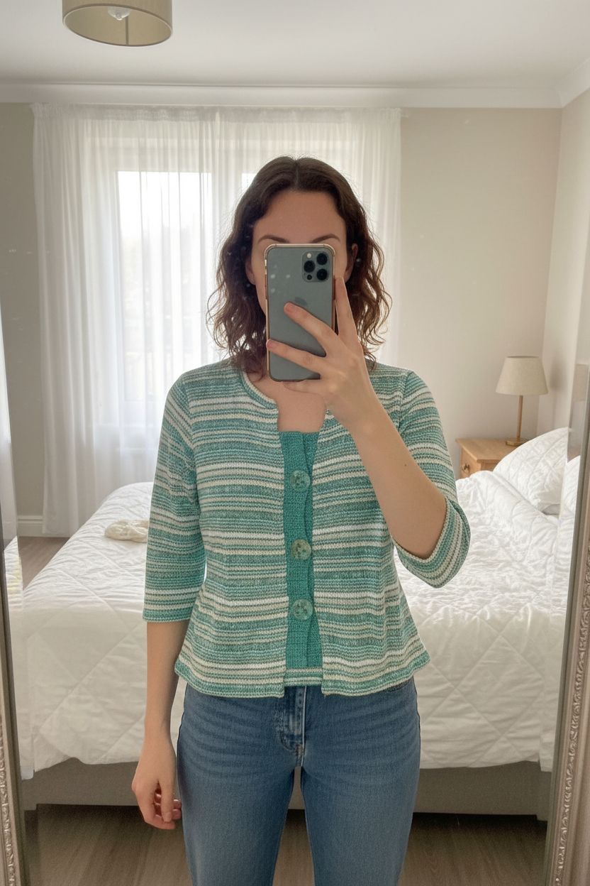 Vintage Y2K per Una turquoise and white stripe knitted cardigan standing straight facing the camera, in a softly lit bedroom setting, with gentle natural light filtering through a window.