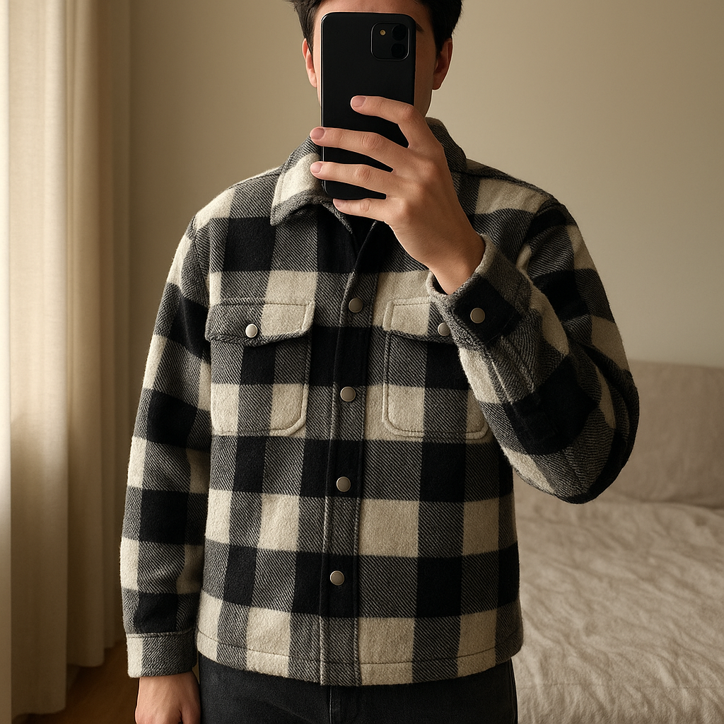 Veste Polaire Doudou à Carreaux Noir & Blanc - SHEIN - Taille M (38/US 6) debout, face à la caméra, dans une chambre à la lumière douce, avec une lumière naturelle filtrant par la fenêtre.