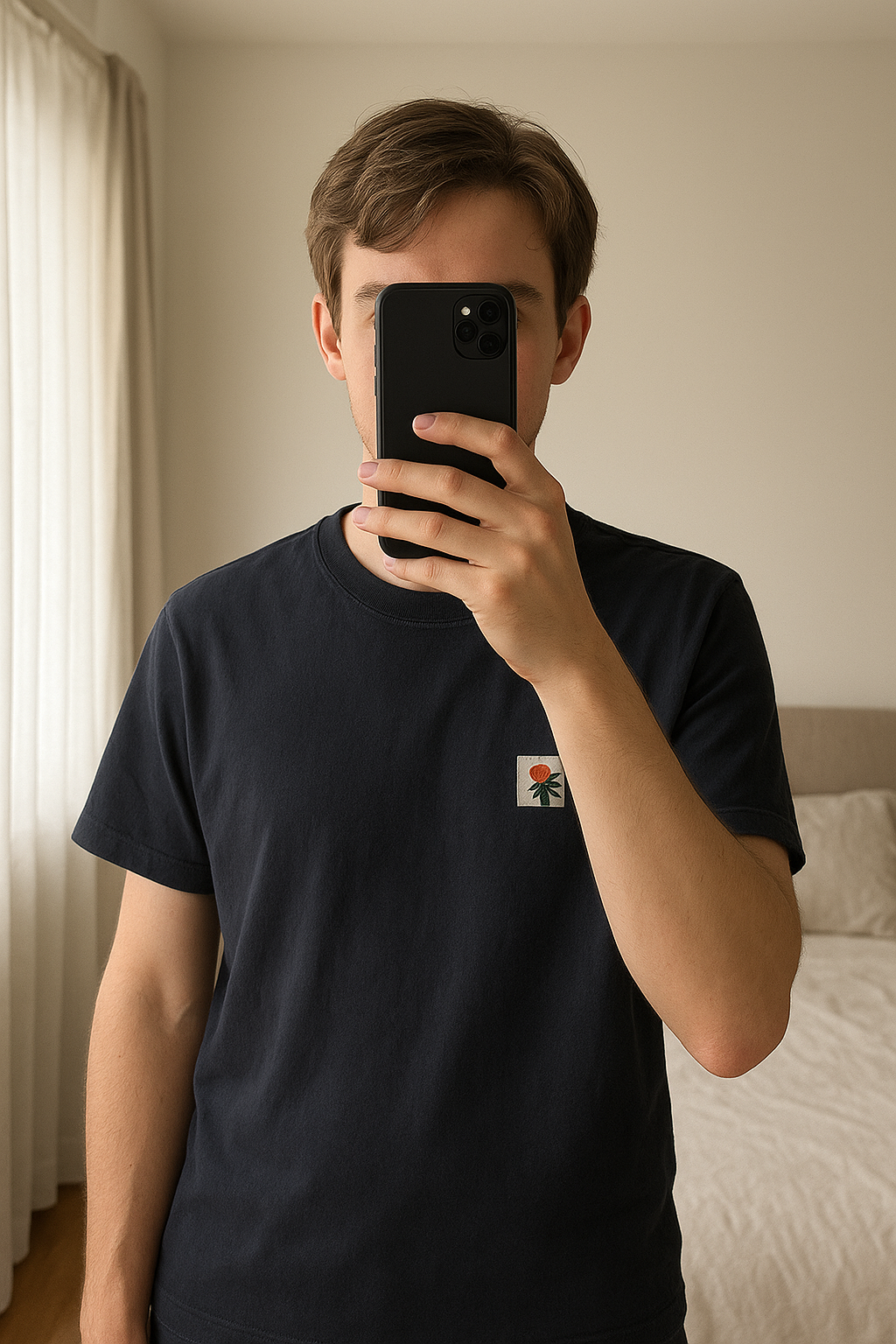 T-shirt Teddy Smith - Taille S debout, face à la caméra, dans une chambre à la lumière douce, avec une lumière naturelle filtrant par la fenêtre.