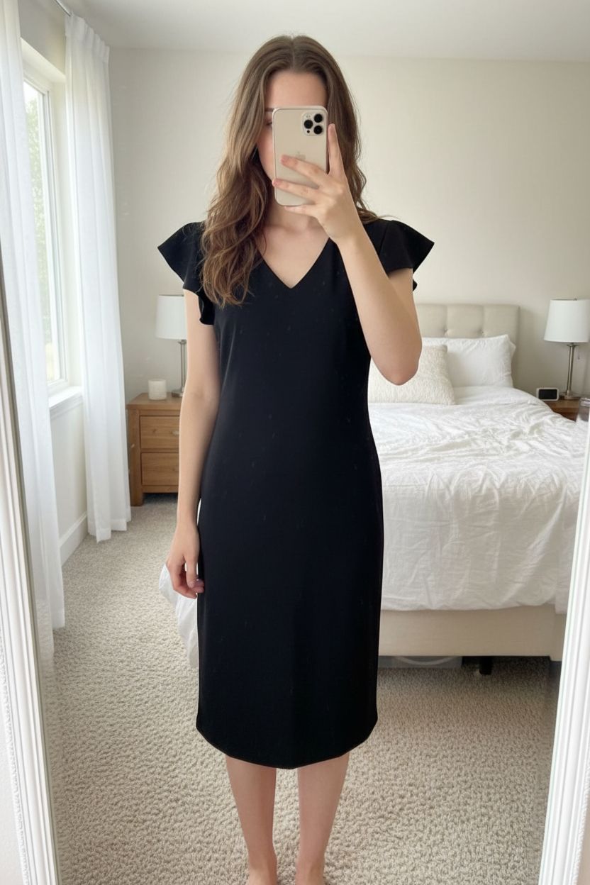 Robe noire cache cache debout, face à la caméra, dans une chambre à la lumière douce, avec une lumière naturelle filtrant par la fenêtre.