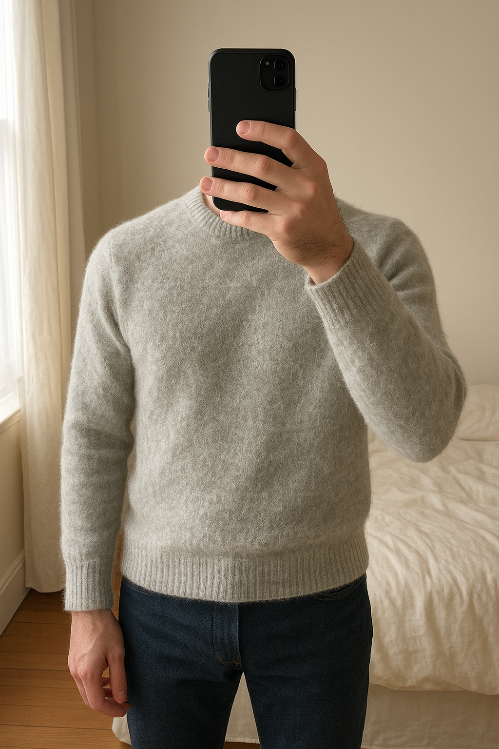 Pull en laine blanc Bershka M debout, face à la caméra, dans une chambre à la lumière douce, avec une lumière naturelle filtrant par la fenêtre.