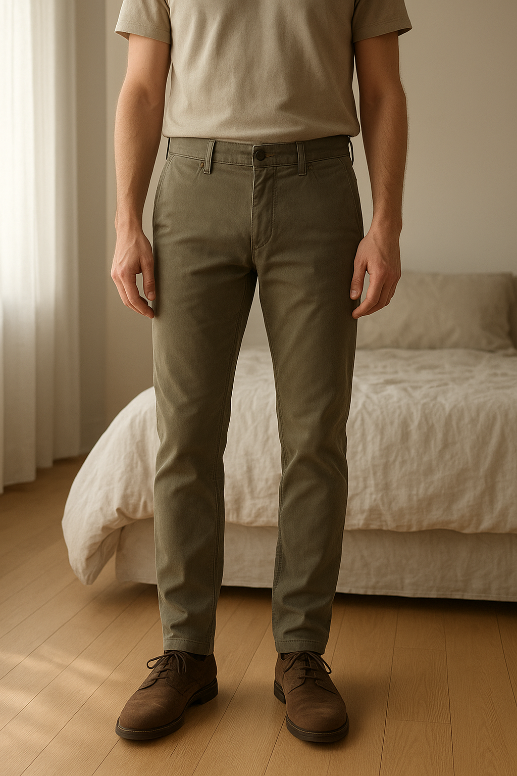 Jeans Jacob Cohën debout, face à la caméra, dans une chambre à la lumière douce, avec une lumière naturelle filtrant par la fenêtre.