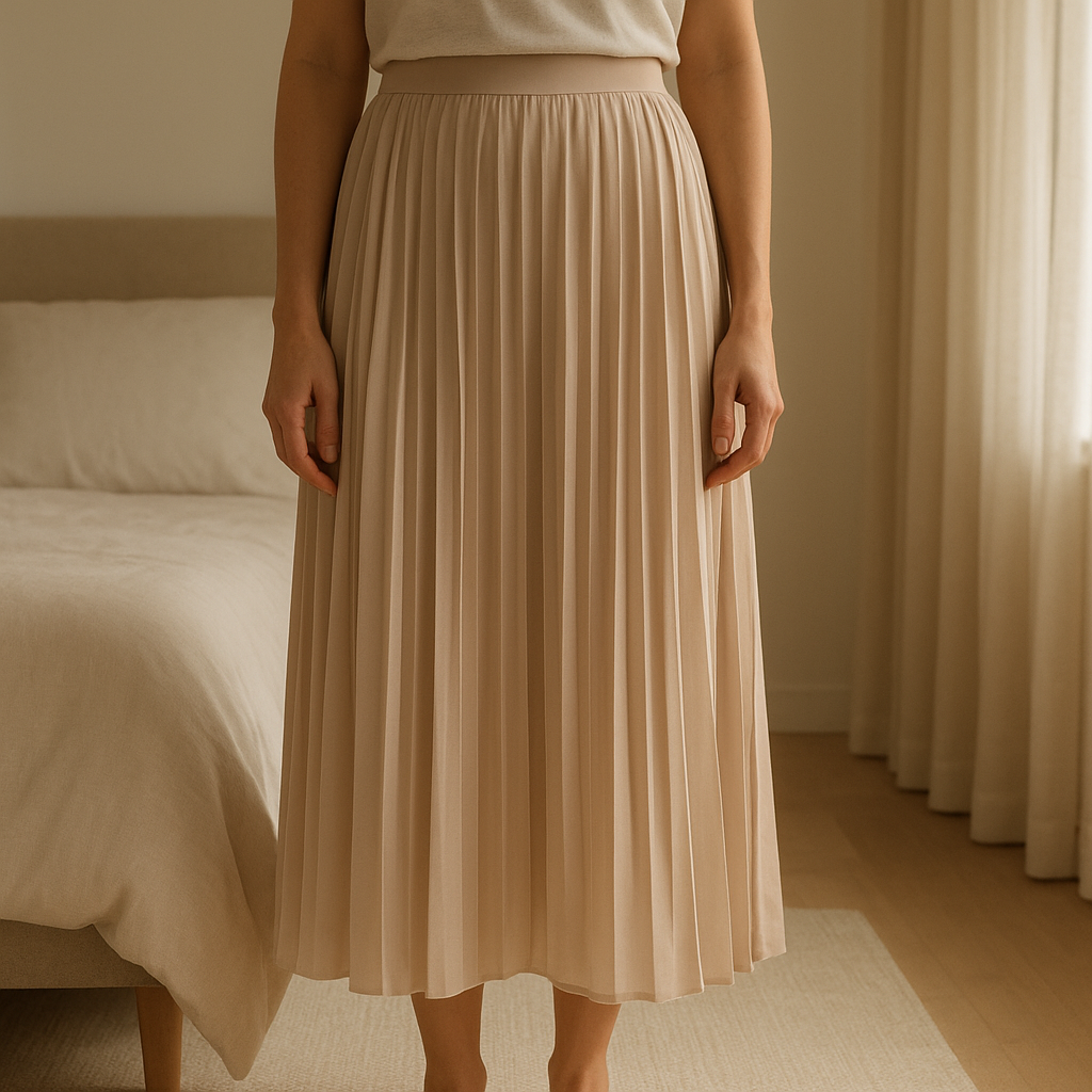 F&F Ivory Pleated maxi skirt size 16 standing straight facing the camera, in a softly lit bedroom setting, with gentle natural light filtering through a window.