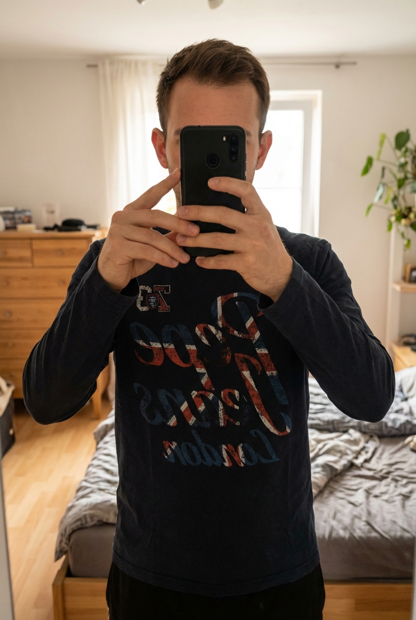Tee shirt Pepe Jeans M debout, face à la caméra, dans une chambre à la lumière douce, avec une lumière naturelle filtrant par la fenêtre.