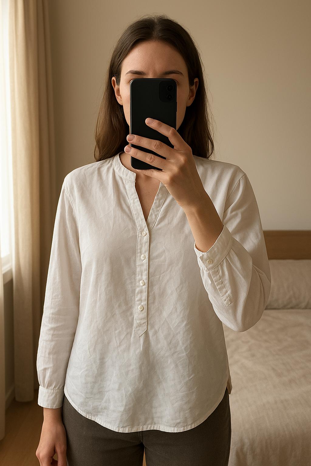 Chemise shein taille l debout, face à la caméra, dans une chambre à la lumière douce, avec une lumière naturelle filtrant par la fenêtre.