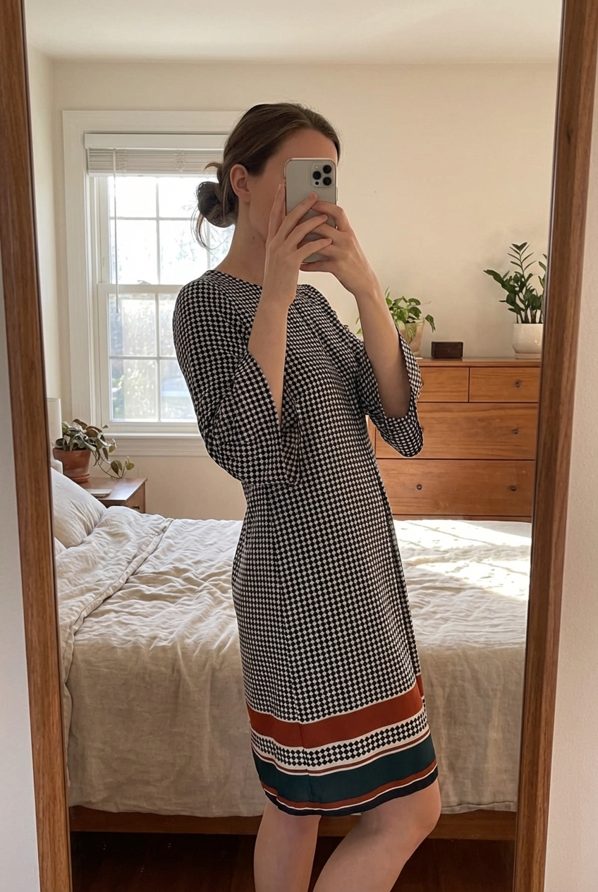 Una persona in Robe à motifs femme S - Abito donna S inarcando leggermente la schiena per una posa dinamica, in una camera da letto con luce soffusa e luce naturale che filtra dalla finestra.