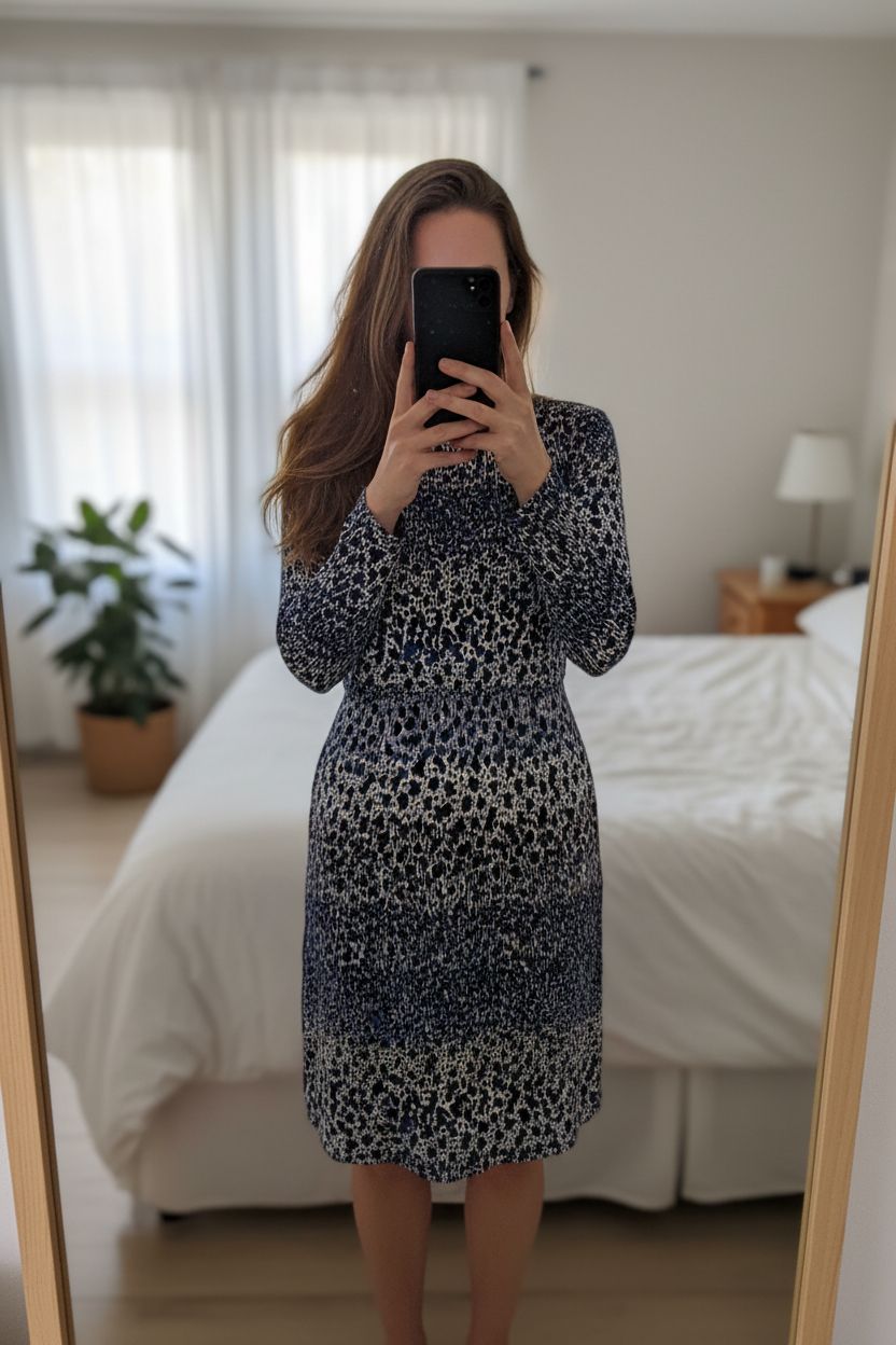 Boden Dress UK14 Blue Animal Print Tunic long sleeve Stretch comfortable soft jersey smart casual standing straight facing the camera, in a softly lit bedroom setting, with gentle natural light filtering through a window.