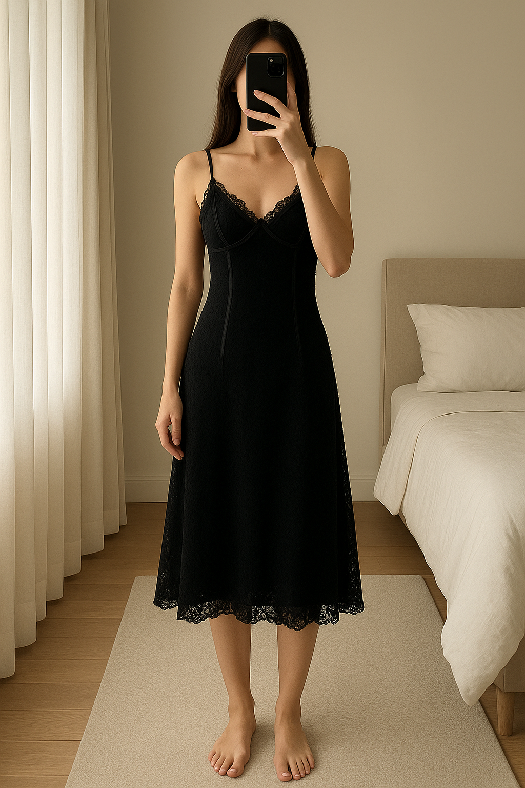 Moschino Cheap and Chic Dress Size 12 Black Embroidered Flowers with Fishtail Skirt standing straight facing the camera, in a softly lit bedroom setting, with gentle natural light filtering through a window.