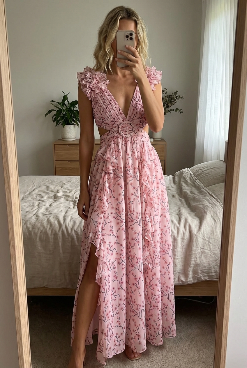 Une personne en Robe longue bohème marriage ceremonie chic rose fleurie – Taille S debout, face à la caméra, avec une silhouette fine, dans une chambre à la lumière douce, avec une lumière naturelle filtrant par la fenêtre.