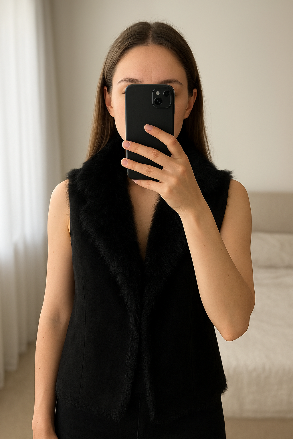 Black gillet standing straight facing the camera, in a softly lit bedroom setting, with gentle natural light filtering through a window.