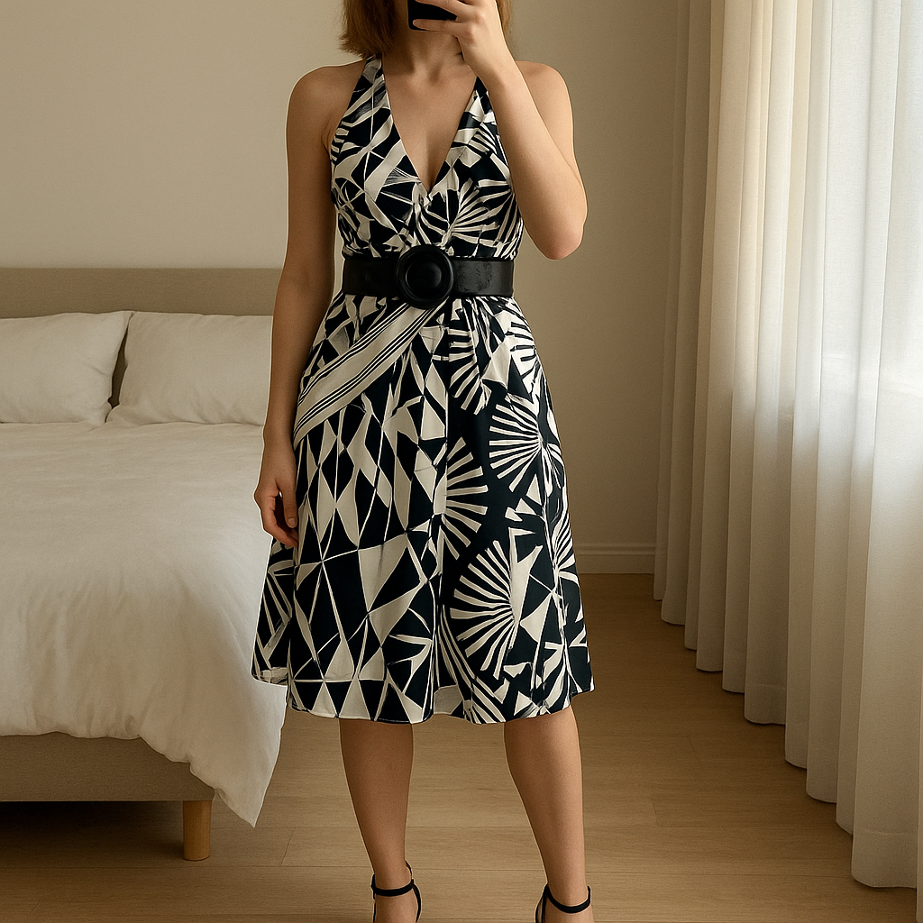 Vestito Vintage Y2K in piedi, rivolto verso la fotocamera, in una camera da letto con luce soffusa e luce naturale che filtra dalla finestra.