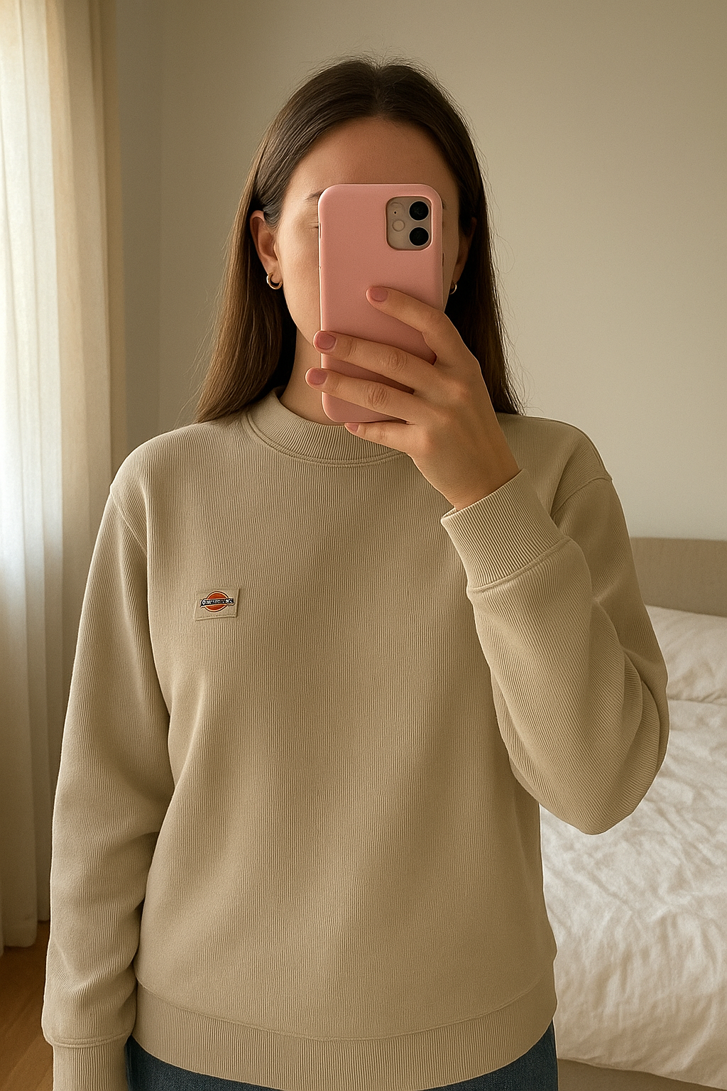 Ladies long sleeved Top by Dickies standing straight facing the camera, in a softly lit bedroom setting, with gentle natural light filtering through a window.