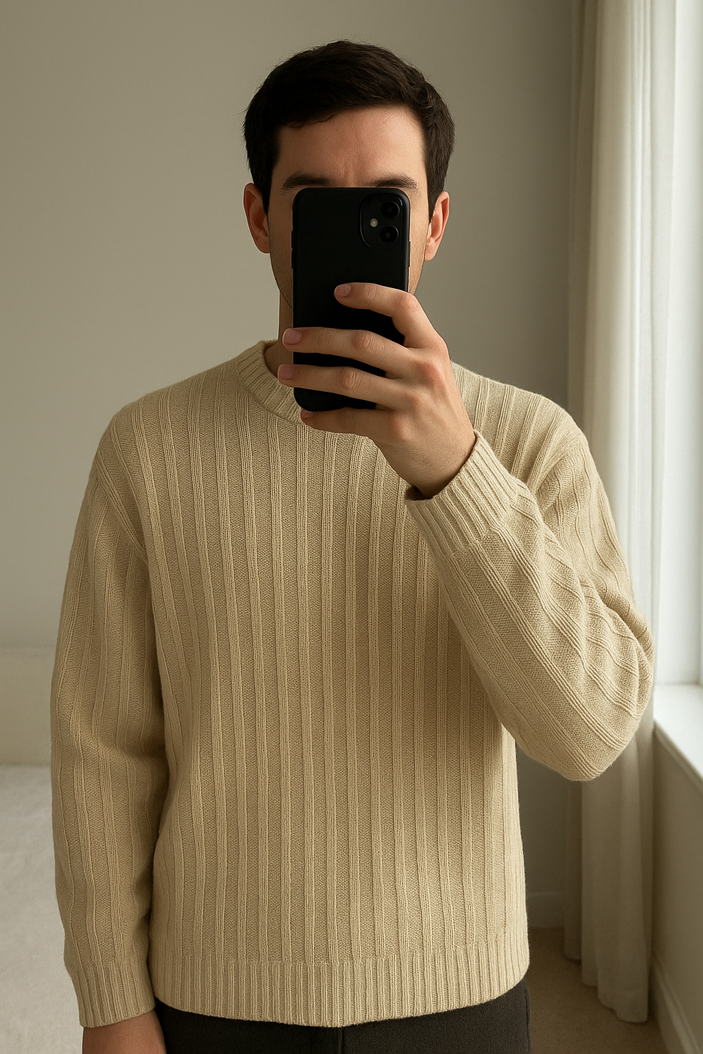 ASOS Pullover Oversized White M in piedi, rivolto verso la fotocamera, in una camera da letto con luce soffusa e luce naturale che filtra dalla finestra.