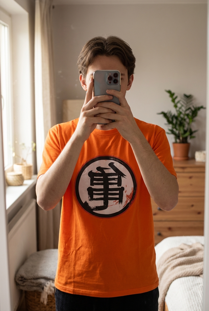 T-shirt debout, face à la caméra, dans une chambre à la lumière douce, avec une lumière naturelle filtrant par la fenêtre.
