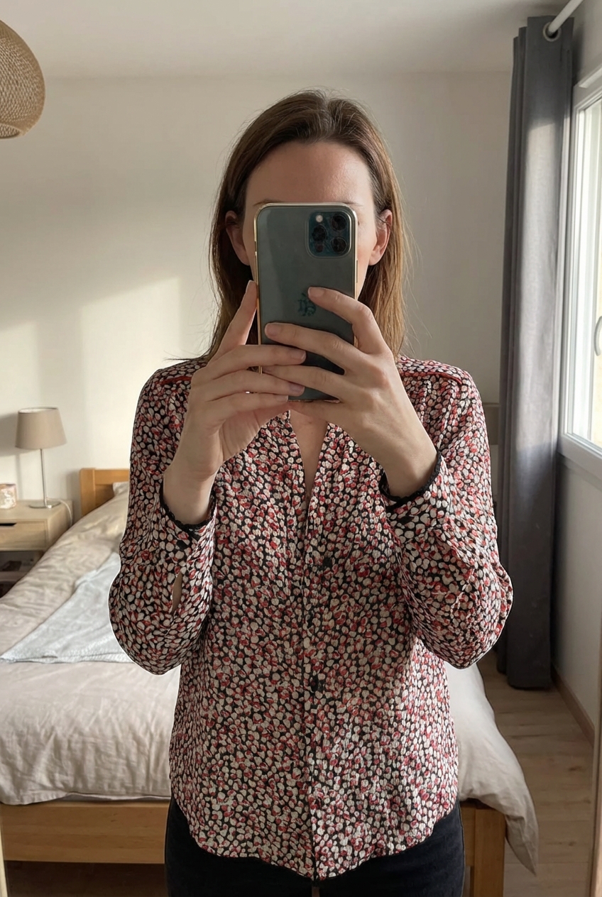 Une personne en Chemisier Tinay cœur Zadig& Voltaire debout, face à la caméra, avec une silhouette fine, dans une chambre à la lumière douce, avec une lumière naturelle filtrant par la fenêtre.