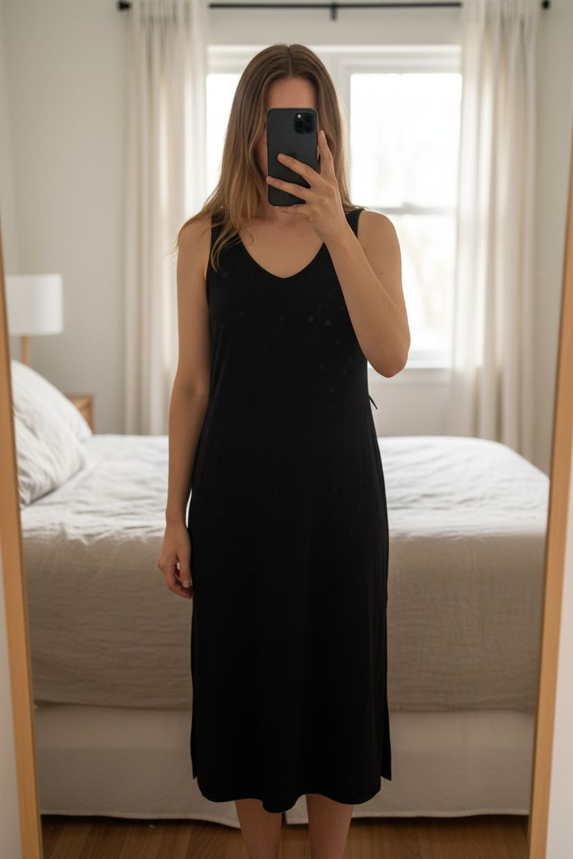Longue robe noire femme M - Abito lungo donna M in piedi, rivolto verso la fotocamera, in una camera da letto con luce soffusa e luce naturale che filtra dalla finestra.