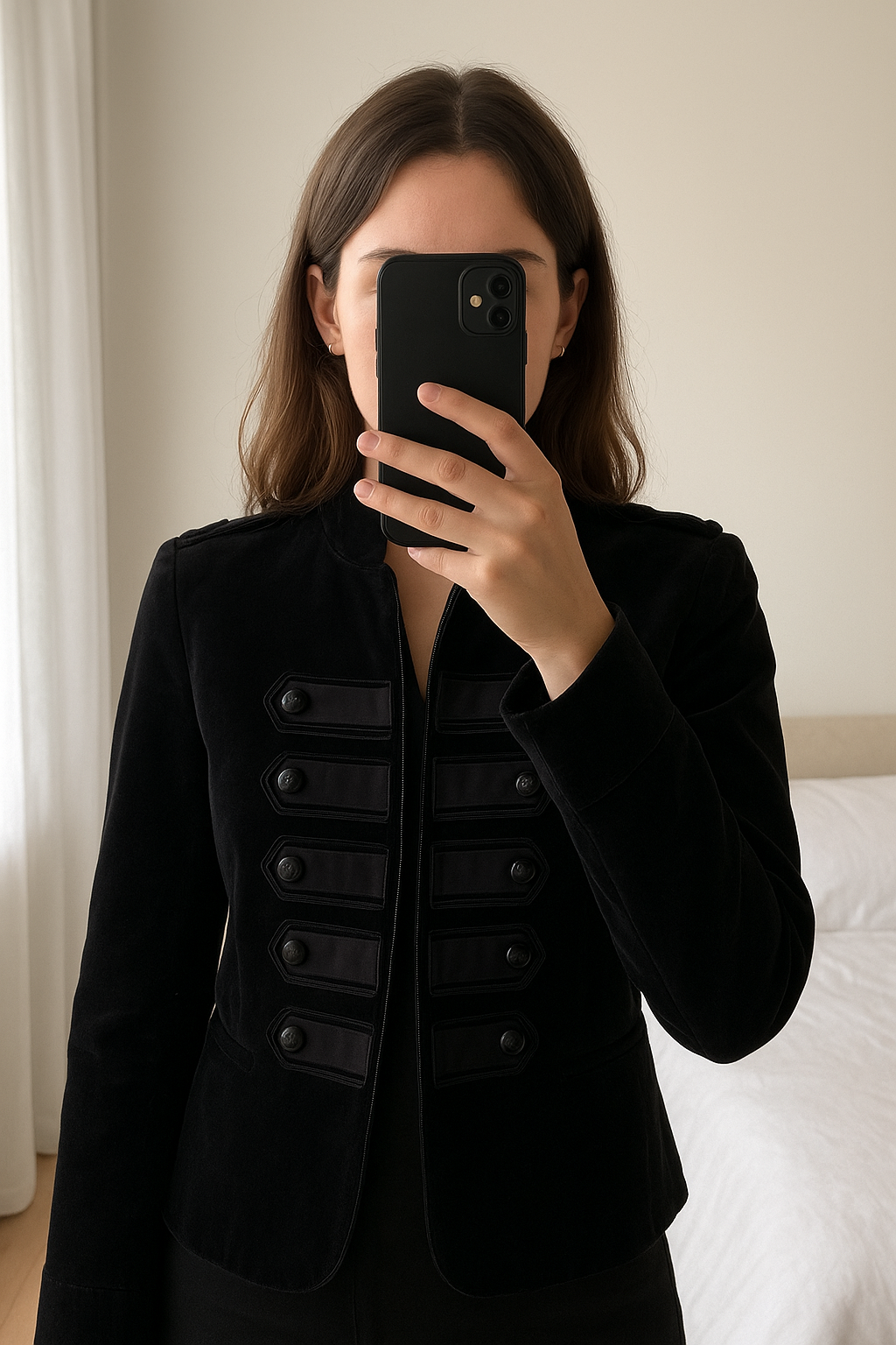 Veste / blouson The kooples debout, face à la caméra, dans une chambre à la lumière douce, avec une lumière naturelle filtrant par la fenêtre.