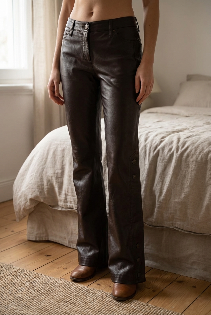 Vintage Armani Jeans Eco-Leather Trousers in piedi, rivolto verso la fotocamera, in una camera da letto con luce soffusa e luce naturale che filtra dalla finestra.