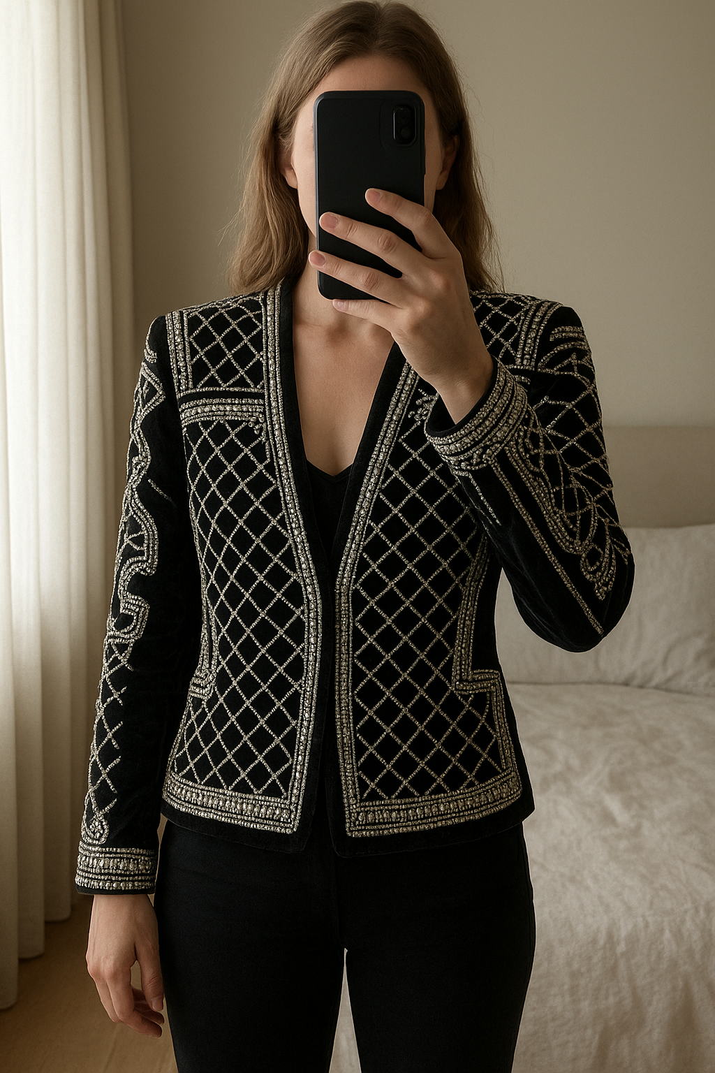 PLT Black Velvet Beaded Jacket standing straight facing the camera, in a softly lit bedroom setting, with gentle natural light filtering through a window.