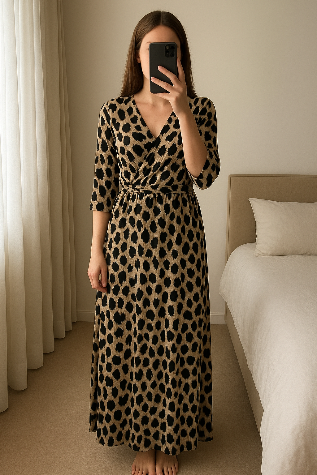 Jolie Moi size 20 animal print maxi dress- very flattering standing straight facing the camera, in a softly lit bedroom setting, with gentle natural light filtering through a window.