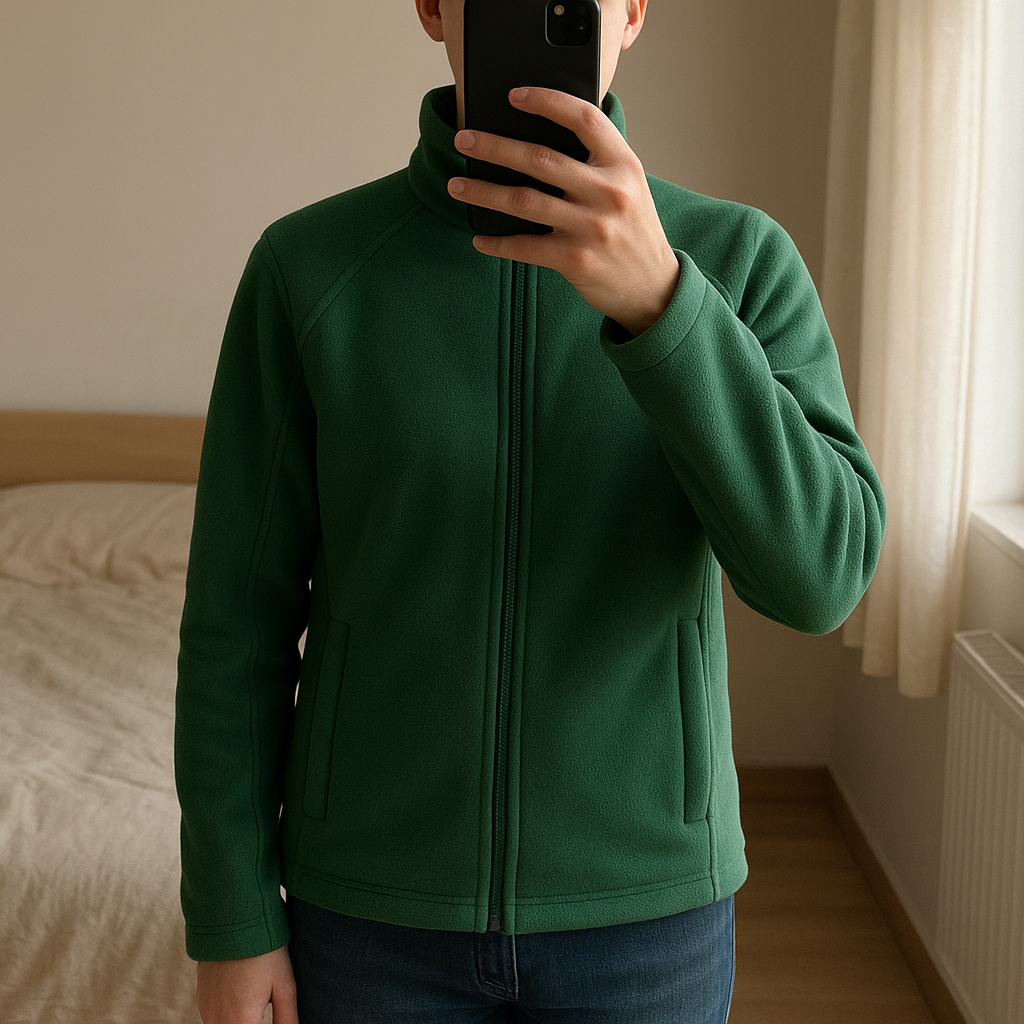 Regatta bottle green fleece standing straight facing the camera, in a softly lit bedroom setting, with gentle natural light filtering through a window.