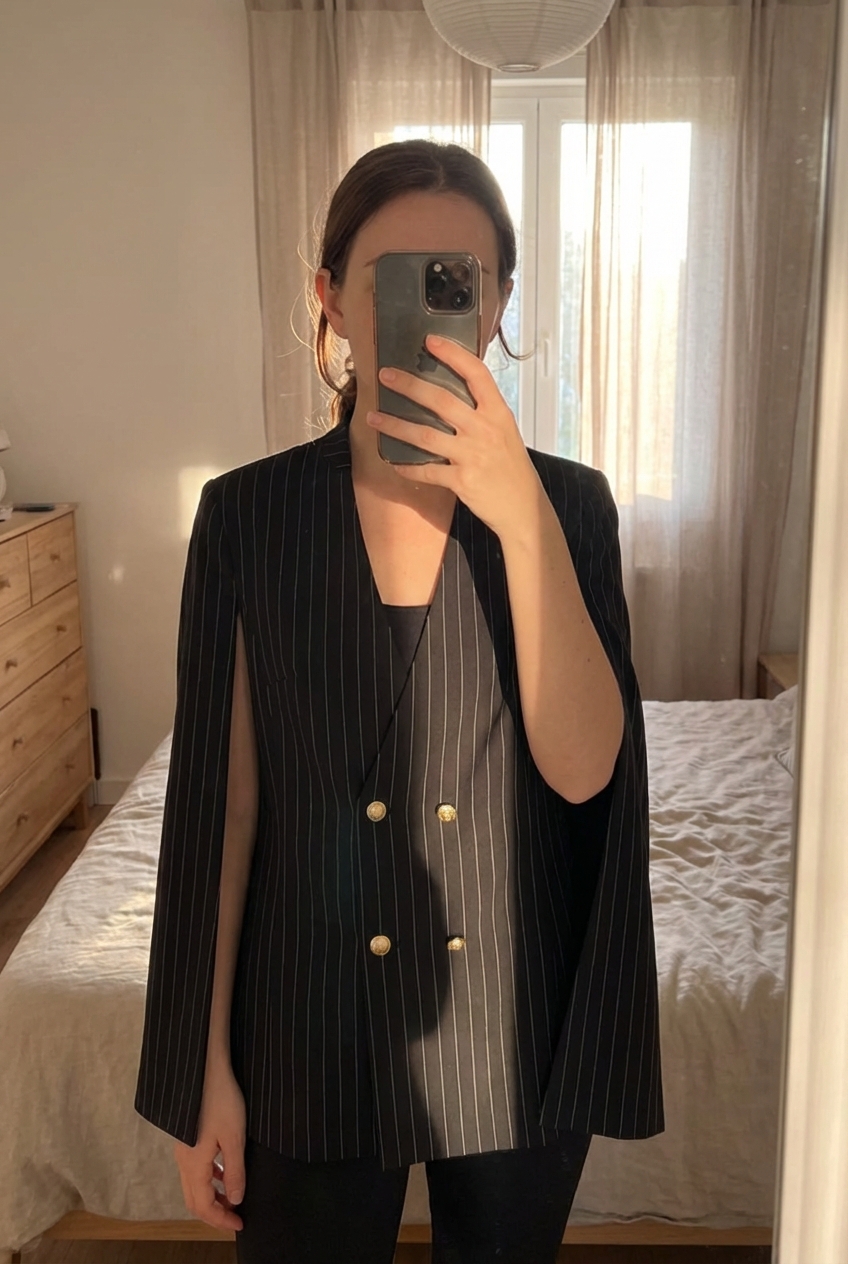 Blazer Zara debout, face à la caméra, dans une chambre à la lumière douce, avec une lumière naturelle filtrant par la fenêtre.
