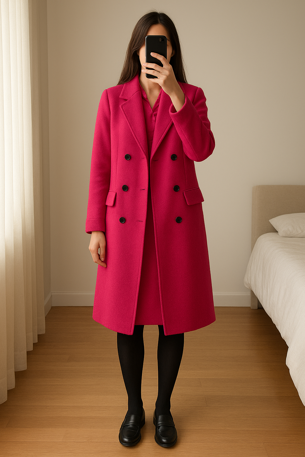 Manteau long fuchsia Zara à boutons noirs debout, face à la caméra, dans une chambre à la lumière douce, avec une lumière naturelle filtrant par la fenêtre.