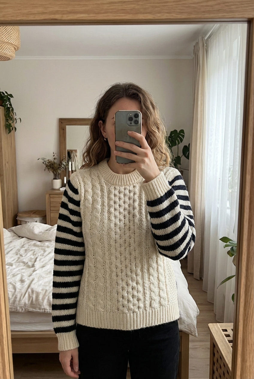 Pull Fait Main Tricot Aran Wool Sweater 100% Laine Beige Bleu Aran Craft S debout, face à la caméra, dans une chambre à la lumière douce, avec une lumière naturelle filtrant par la fenêtre.