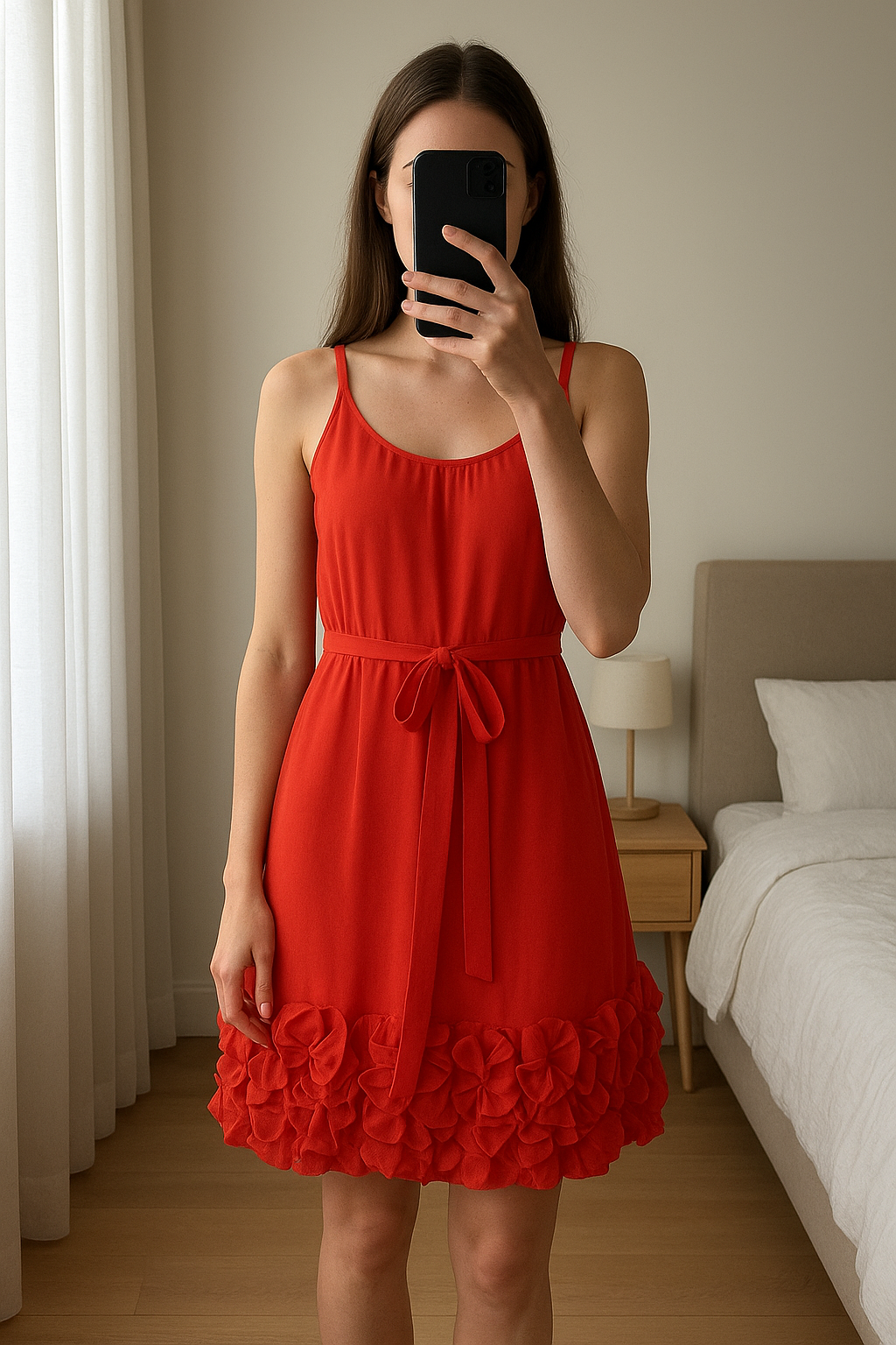 Debenhams red Christmas party cocktail dress NYE ruffle Grecian baby doll size 8 red herring standing straight facing the camera, in a softly lit bedroom setting, with gentle natural light filtering through a window.