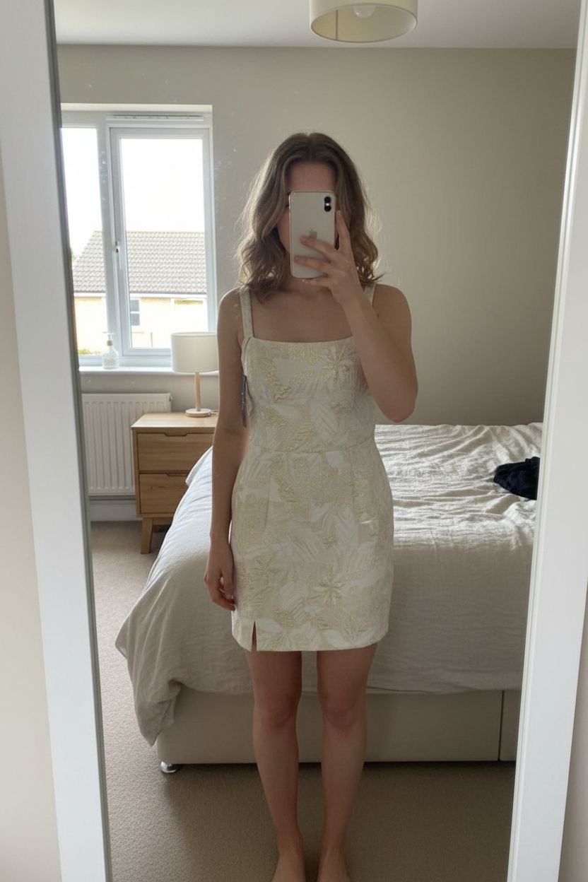 Lulus Gold & Cream Jacquard Mini Dress – XS (New with tags) standing straight facing the camera, in a softly lit bedroom setting, with gentle natural light filtering through a window.