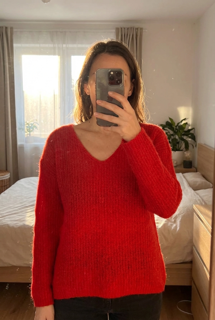 Una persona con Jersey punto rojo de Morgan de pie, mirando a la cámara, con tipo de cuerpo delgado, en un dormitorio con luz suave y natural filtrándose por la ventana.