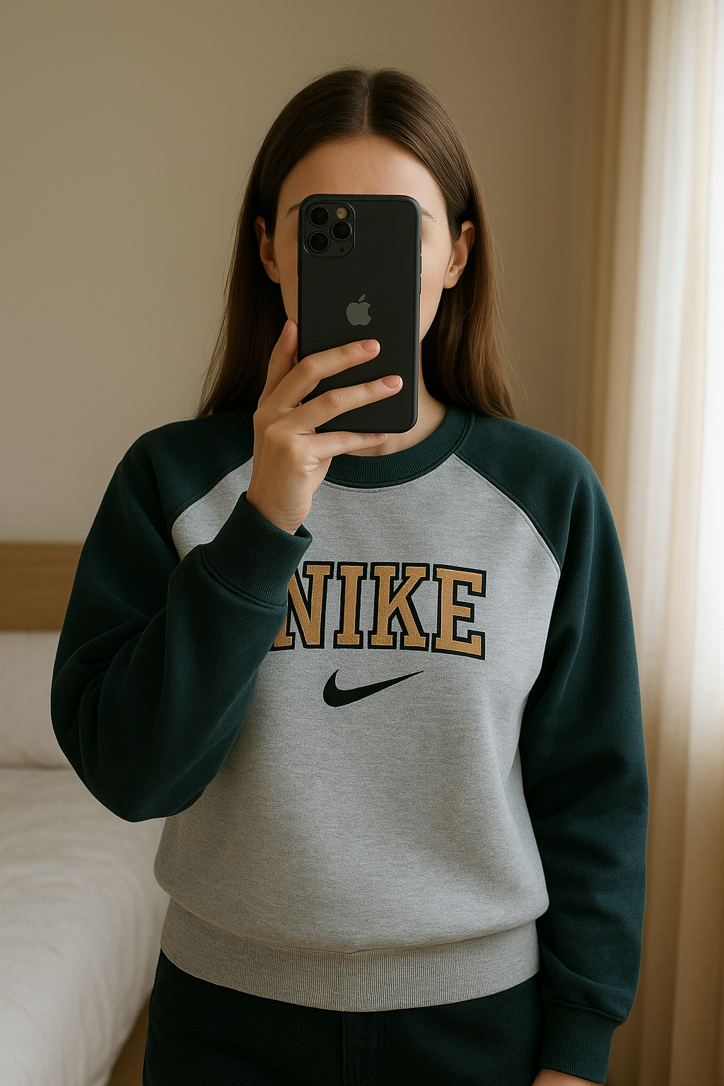Sweat Nike Rework rare 🇺🇸 debout, face à la caméra, dans une chambre à la lumière douce, avec une lumière naturelle filtrant par la fenêtre.