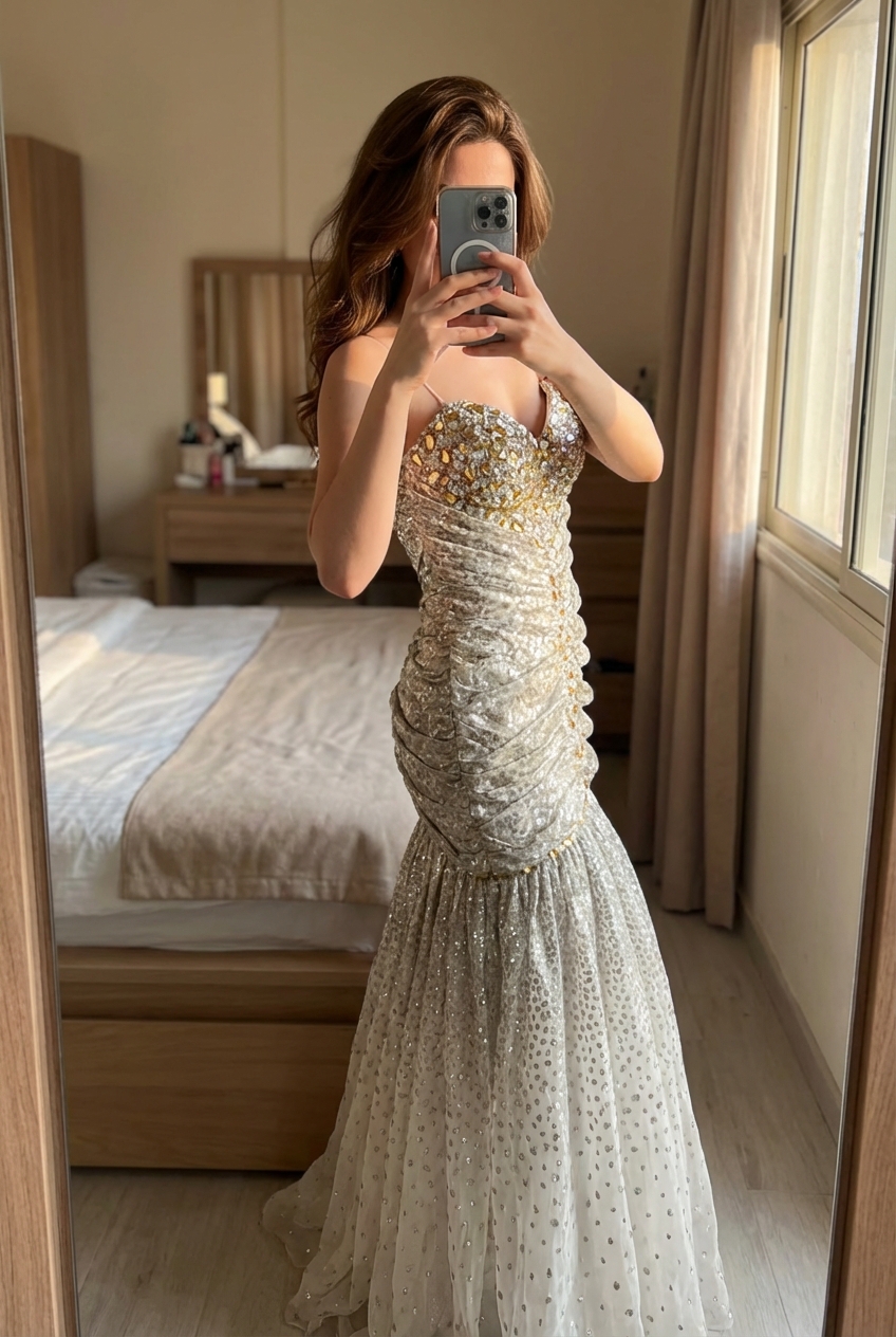 Une personne en Robe de soirée robe de cocktail robe sans bretelles taille M cambrant légèrement le dos pour une pose dynamique, dans une chambre à la lumière douce, avec une lumière naturelle filtrant par la fenêtre.