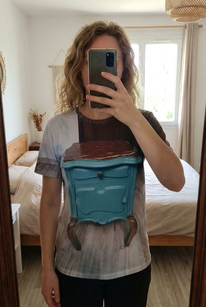 Table de chevet relooker debout, face à la caméra, dans une chambre à la lumière douce, avec une lumière naturelle filtrant par la fenêtre.