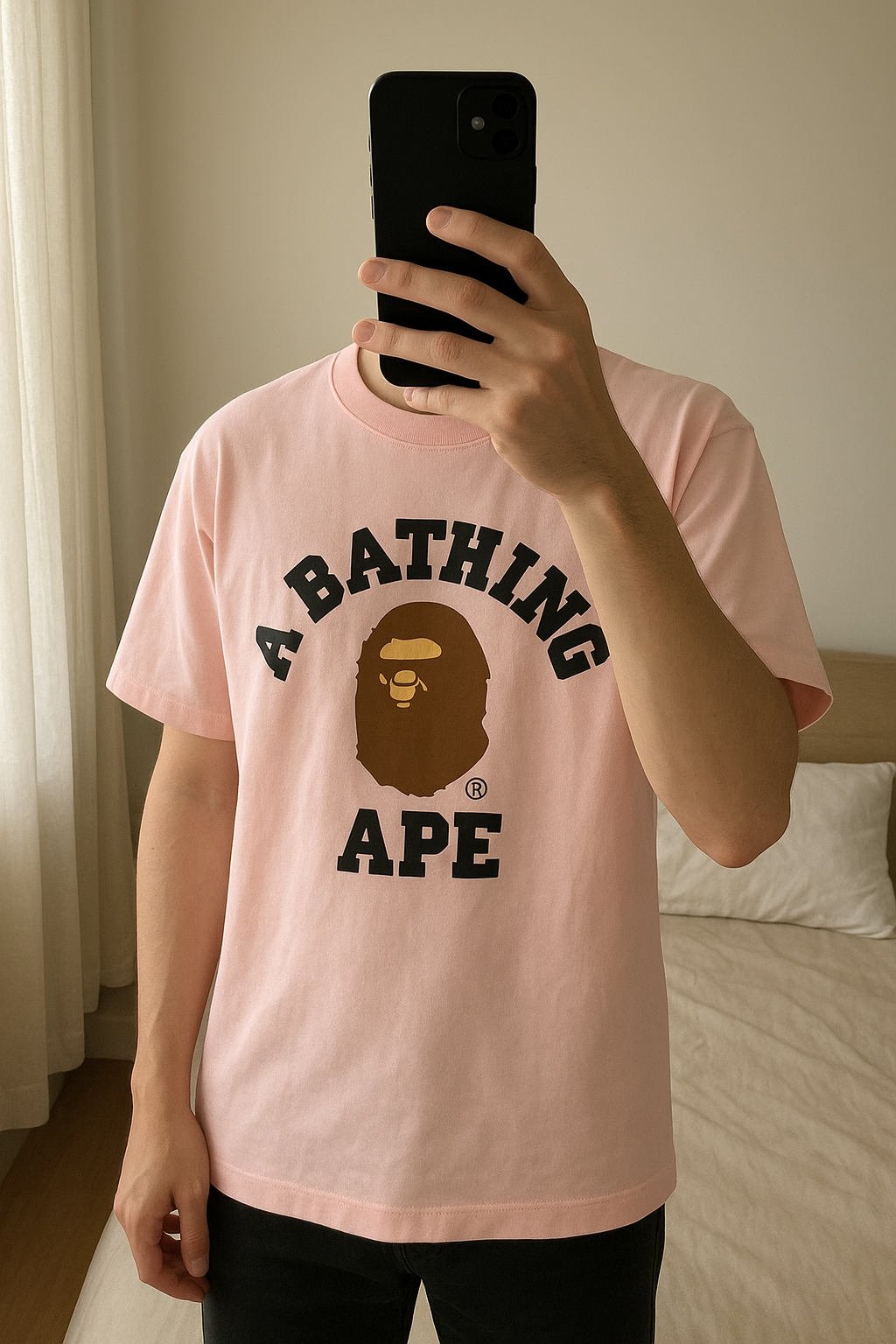 Tee shirt Bape neuf sans étiquette debout, face à la caméra, dans une chambre à la lumière douce, avec une lumière naturelle filtrant par la fenêtre.