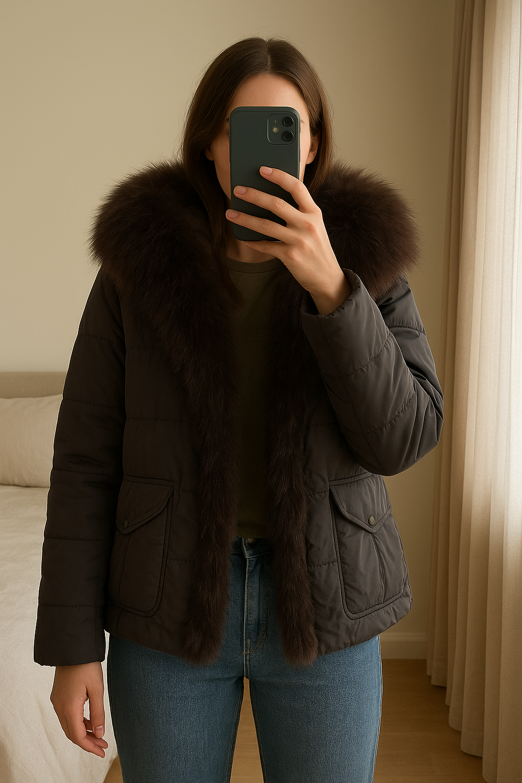 Giubbotto donna misura 50 Pregio con pellicciotto! . Mai indossato in piedi, rivolto verso la fotocamera, in una camera da letto con luce soffusa e luce naturale che filtra dalla finestra.