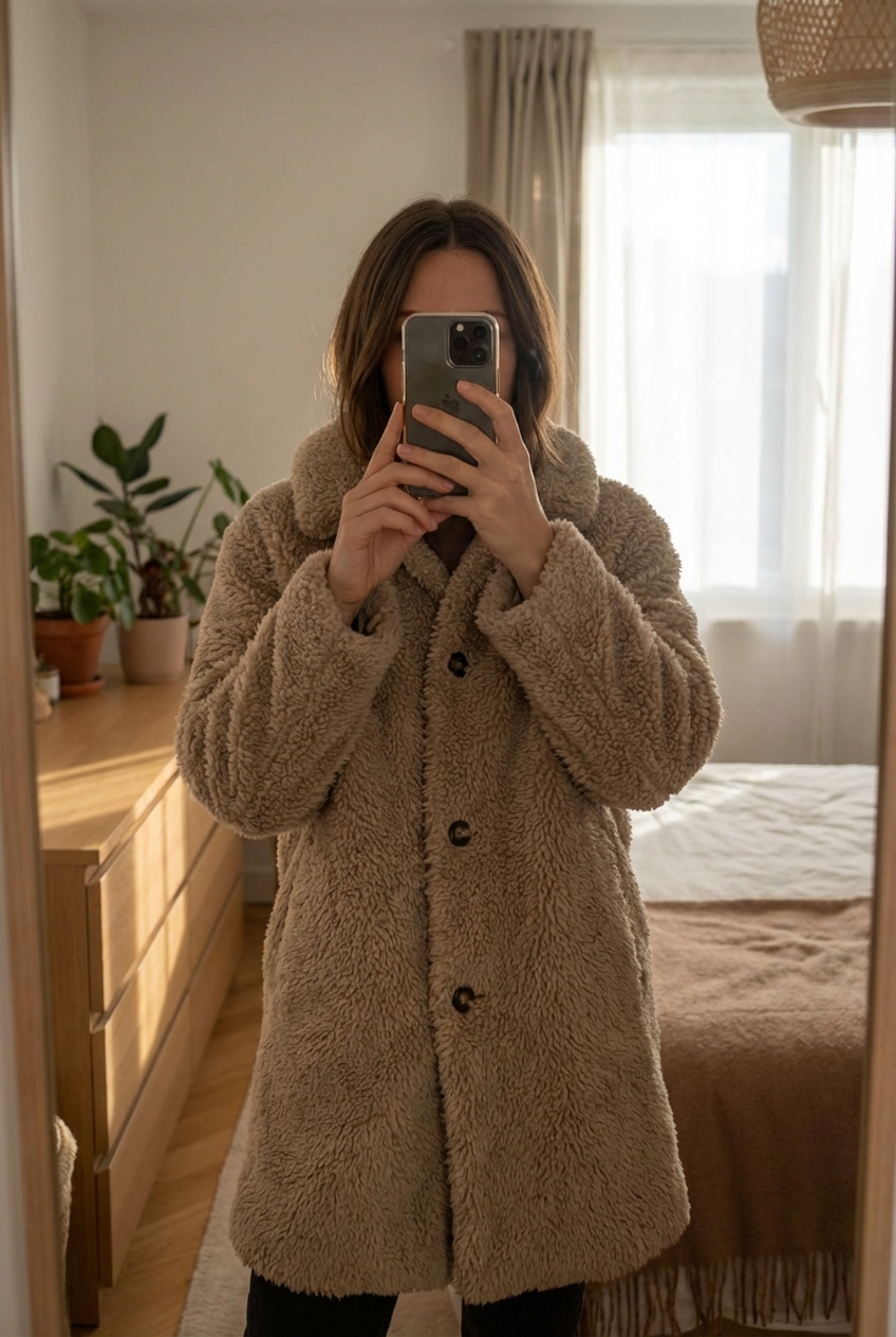 Une personne en Manteau Uniqlo fausse fourrure debout, face à la caméra, dans une chambre à la lumière douce, avec une lumière naturelle filtrant par la fenêtre.