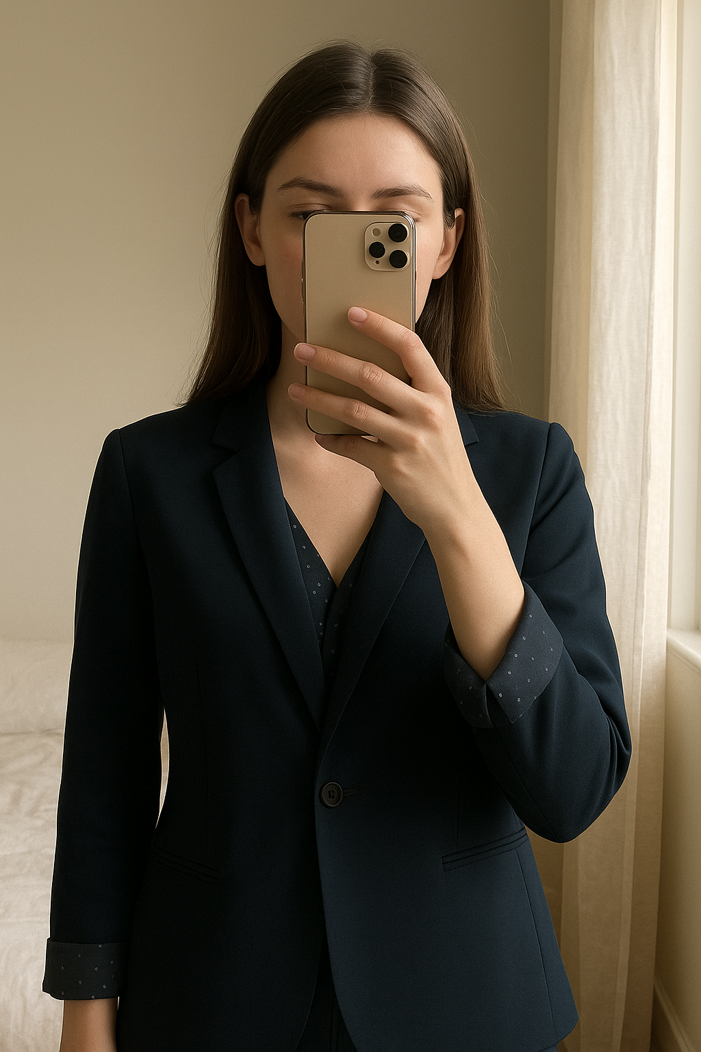 Veste blazer femme debout, face à la caméra, dans une chambre à la lumière douce, avec une lumière naturelle filtrant par la fenêtre.