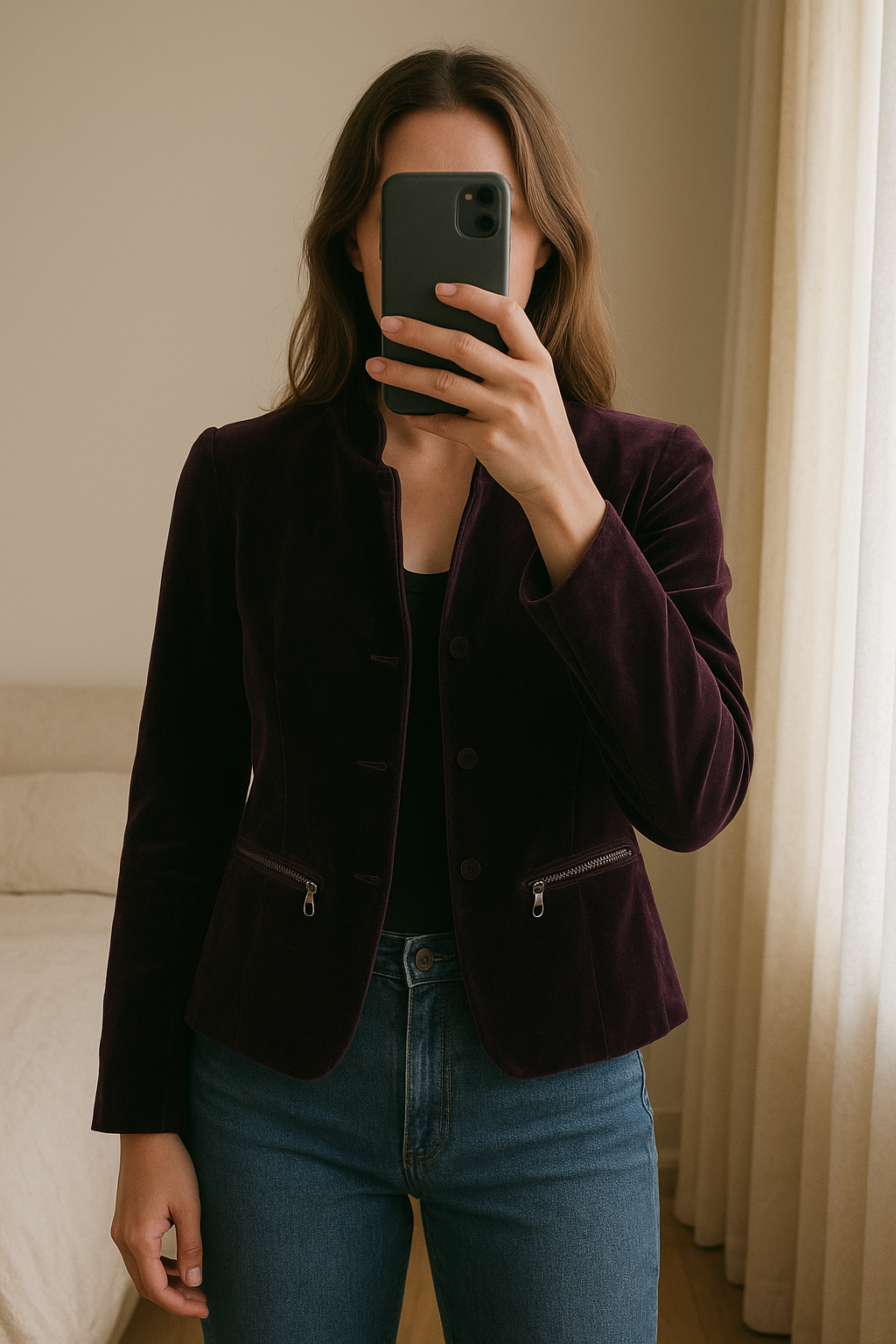 Madeline Purple Velvet Blazer size 10 standing straight facing the camera, in a softly lit bedroom setting, with gentle natural light filtering through a window.