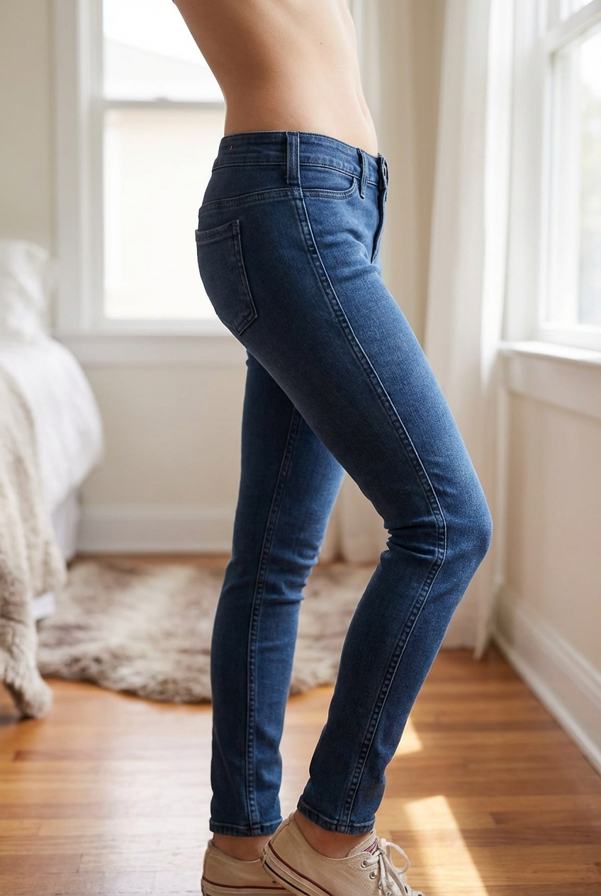 Una persona in Jeans skinny femme 36 inarcando leggermente la schiena per una posa dinamica, in una camera da letto con luce soffusa e luce naturale che filtra dalla finestra.