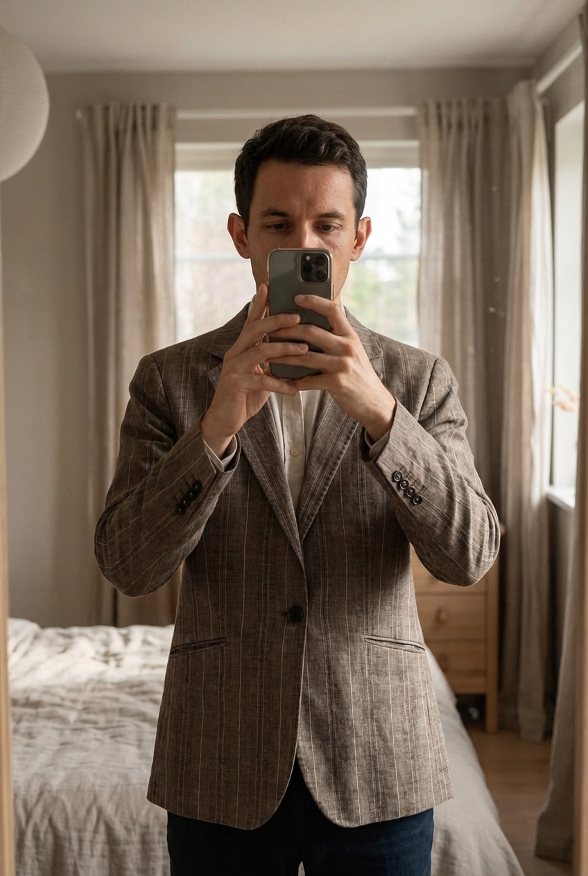 Una persona con Blazer scotch & soda de pie, mirando a la cámara, con tipo de cuerpo delgado, en un dormitorio con luz suave y natural filtrándose por la ventana.