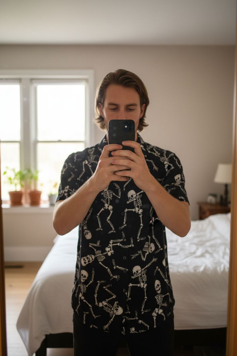 BNIB Malfini Skeleton Print Shirt size S Black Graphic Gothic Streetwear Skull Halloween standing straight facing the camera, in a softly lit bedroom setting, with gentle natural light filtering through a window.