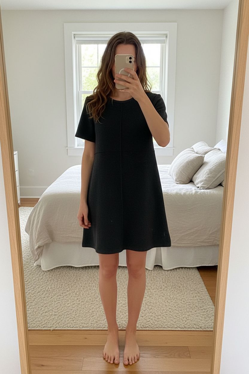 Robe courte Zara - S debout, face à la caméra, dans une chambre à la lumière douce, avec une lumière naturelle filtrant par la fenêtre.