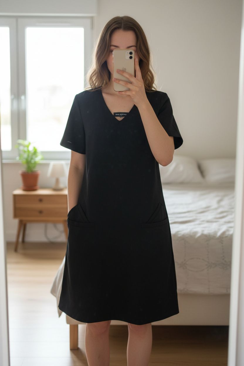 Robe spi cop copine debout, face à la caméra, dans une chambre à la lumière douce, avec une lumière naturelle filtrant par la fenêtre.