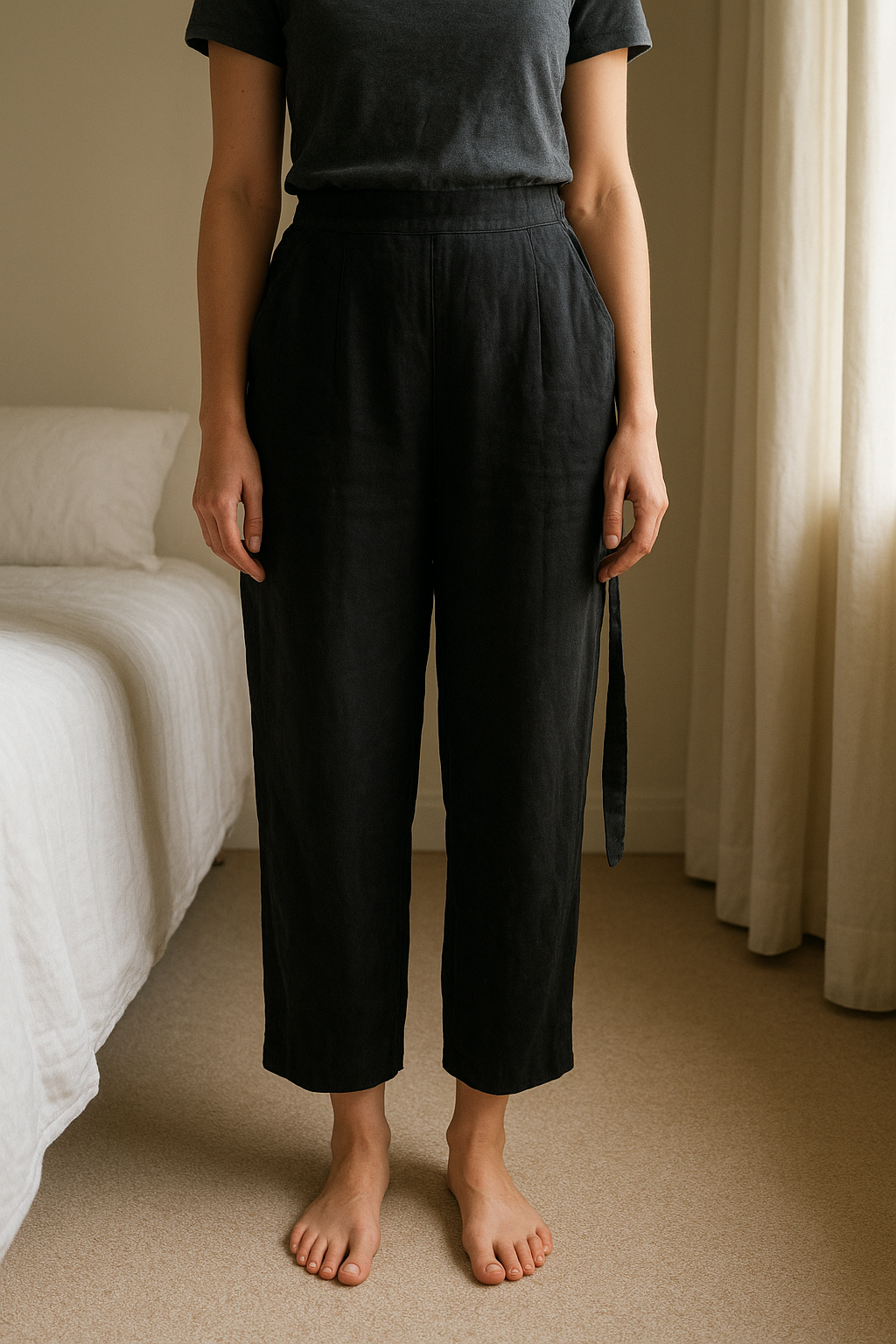 Black 3/4 trousers standing straight facing the camera, in a softly lit bedroom setting, with gentle natural light filtering through a window.