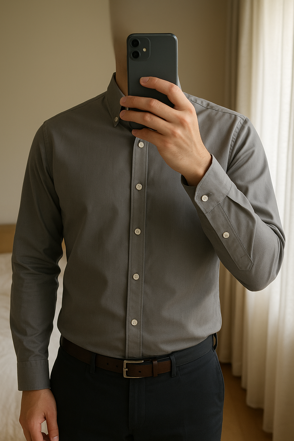 Chemise Burberry Nova Check gris | Taille/L100% Coton debout, face à la caméra, dans une chambre à la lumière douce, avec une lumière naturelle filtrant par la fenêtre.